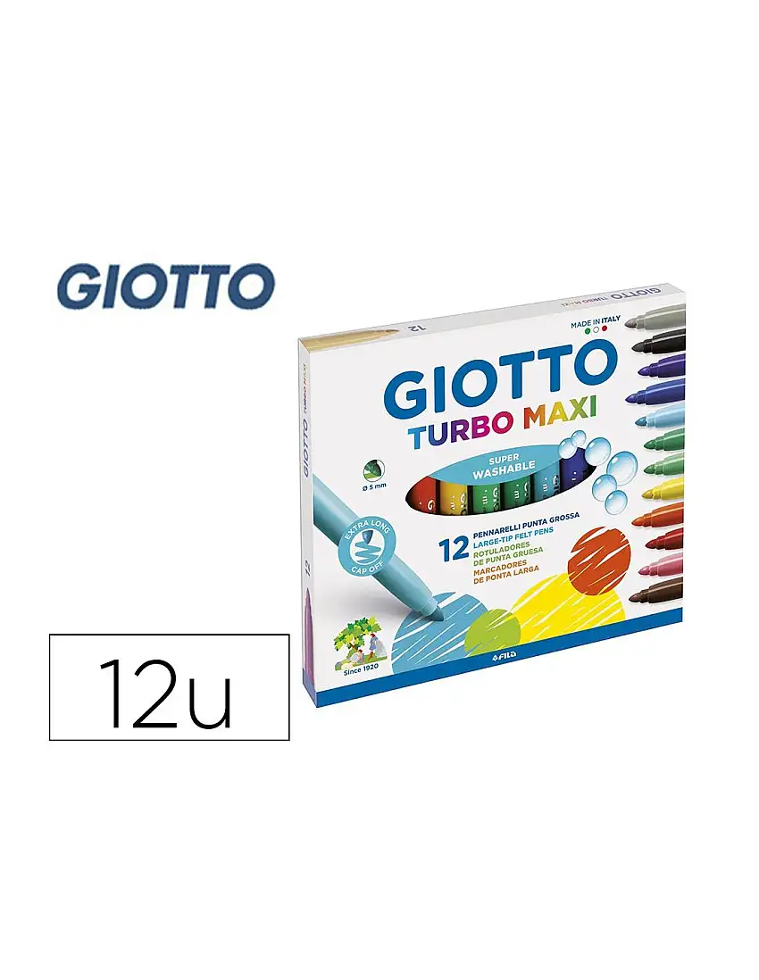 Rotulador Giotto Turbo Maxi Caja De 12 Colores Lavables Con Punta Bloqueada