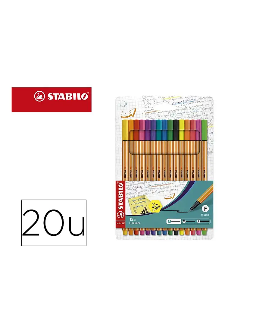 Rotulador Stabilo Punta De Fibra Point 88 Estuche De 15 Unidades Colores Surtidos + 5 Colores Neon